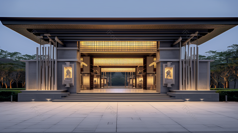 中式新盘房子灯光建筑入口景观摄影图,高清,摄影图,摄影图片,图片大全,摄影图免费下载